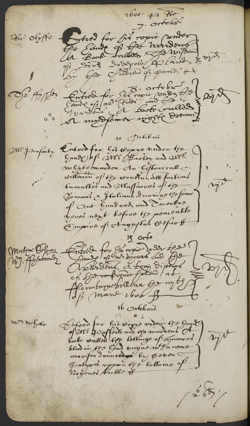 Stationers' Register entry for A Midsummer Night's Dream